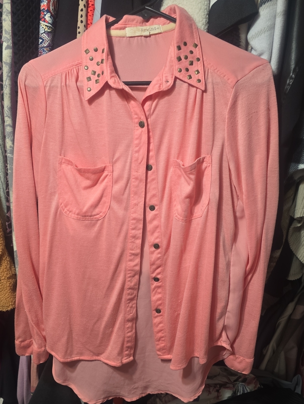Rewind Coral Pink Studded Collar Button-Down Shirt